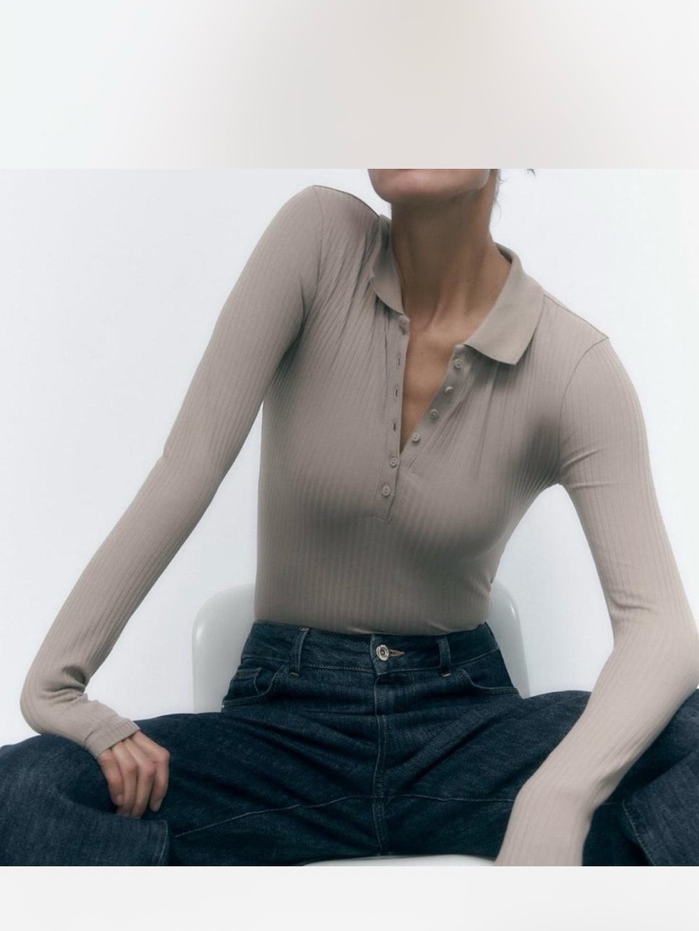 Zara Ribbed Long-Sleeve Polo Bodysuit in Taupe